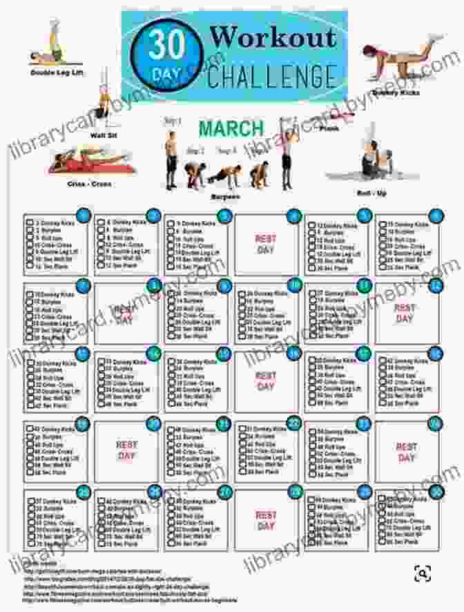 A Calendar Showing The 30 Day Exercise Regimen, With Specific Exercises Assigned To Each Day. Memory Improvement: Techniques Tricks Exercises How To Train And Develop Your Brain In 30 Days